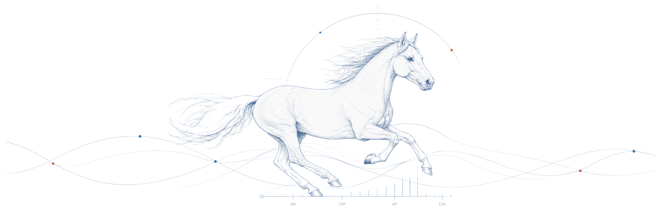 A running horse drawn in pale blue ledger lines